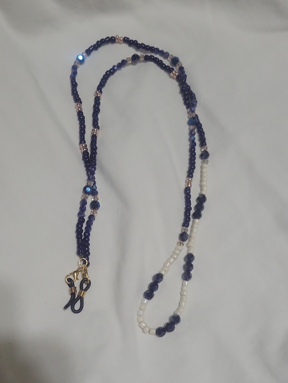 Beaded Navy and White Eyeglass Chain with Gold Accents